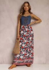 Granatowa Sukienka Tarain. Niebieskie sukienki damskie Renee, bez wzorów, z jeansu, boho, bez ramiączek. W wyprzedaży za 83.99 zł.