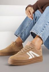 Ciemnobeżowe Sneakersy Tenisówki na Platformie z Tłoczeniem i Geometrycznym Motywem Kialie. Brązowe obuwie sportowe damskie Renee, bez zapięcia, tenisowe. Za 89.99 zł.