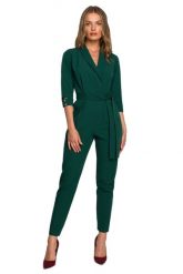Elegancki Kombinezon z Wiązanym Paskiem- Zielony. Zielone kombinezony damskie MOE, l, bez wzorów, z elastanu, eleganckie, bez kołnierzyka, bez ramiączek. Za 357.04 zł.