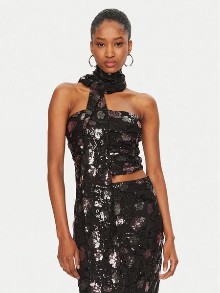 ROTATE Bluzka 113311100 Czarny Slim Fit. Czarne bluzki damskie ROTATE, bez wzorów, z syntetyku, bez kołnierzyka, bez ramiączek. Za 549.99 zł.