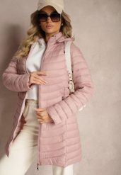 Różowa Kurtka o Wydłużonym Kroju Pikowana z Odpinanym Kapturem Sintinea. Czerwone kurtki damskie Renee, s, bez wzorów, z jeansu. Za 89.99 zł.
