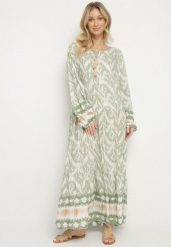 Zielona Sukienka Rozkloszowana z Ozdobnym Wiązaniem w Boho Wzór Erainea. Zielone sukienki damskie Born2be, z aplikacjami, z jeansu, boho, bez ramiączek. W wyprzedaży za 72.24 zł.