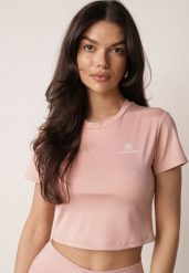 Różowy Krótki T-shirt w Stylu Basic z Minimalistycznym Nadrukiem Orithana. Czerwone koszulki sportowe damskie Born2be, l, bez wzorów, z jeansu, bez ramiączek. Za 29.99 zł.