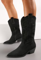 Czarne Botki Kowbojki na Niskim Stożku z Haftem Gislle. Czarne botki damskie Renee, boho, bez obcasa, na obcasie, bez zapięcia. Za 149.99 zł.