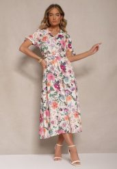 Jasnobeżowa Koszulowa Sukienka w Kwiaty o Rozkloszowanym Fasonie z Paskiem Fevalirra. Brązowe sukienki damskie Renee, bez wzorów, eleganckie, bez ramiączek. W wyprzedaży za 107.99 zł.
