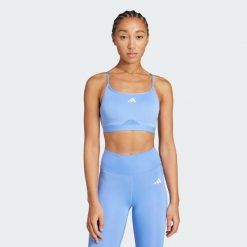 Biustonosz Aeroreact Training 3-Stripes. Niebieskie biustonosze sportowe damskie Adidas, bez wzorów, z materiału. Za 149.00 zł.