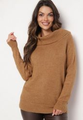 Brązowy Sweter z Wywiniętym Dekoltem Parira. Brązowe swetry klasyczne damskie Born2be, s, bez kołnierzyka. Za 99.99 zł.