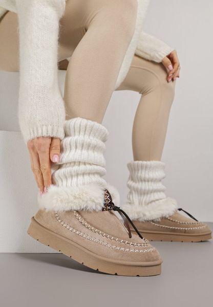 Ciemnobeżowe Śniegowce na Grubej Podeszwie z Futerkiem i Przeszciami Linafra. Brązowe śniegowce damskie Born2be, z jeansu. Za 99.99 zł.