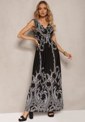 Czarna Sukienka z Gumką w Pasie i Troczkami na Ramionach z Roślinnym Wzorem Ahnipeda. Czarne sukienki damskie Renee, bez wzorów, eleganckie, bez ramiączek. W wyprzedaży za 47.99 zł.