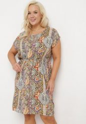 Szaro-Beżowa Wiskozowa Sukienka w Stylu Boho o Pudełkowym Kroju z Materiałowym Paskiem Neteri. Szare sukienki damskie Born2be, bez wzorów, z materiału, boho, bez ramiączek. Za 59.99 zł.