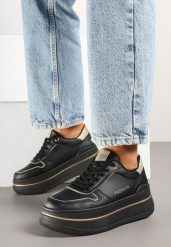 Czarne Sneakersy na Platformie Ozdobione Brokatem i Napisem Udivoria. Czarne obuwie sportowe damskie Renee, z jeansu, bez zapięcia. Za 89.99 zł.