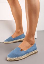 Niebieskie Espadryle na Płaskiej Podeszwie Ozdobione Plecionką z Juty Vethalia. Niebieskie espadryle damskie Born2be, bez wzorów, z jeansu, bez obcasa, na płaskiej podeszwie. Za 84.99 zł.