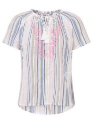 Zwillingsherz Bluzka "Summer Stripes" w kolorze zielono-jasnoróżowo-błękitnym rozmiar: L/XL. Niebieskie bluzki damskie Zwillingsherz, l, z aplikacjami, z bawełny, bez kołnierzyka, bez ramiączek. Za 104.99 zł.