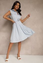 Niebieska Rozkloszowana Sukienka z Wiskozy Plisowana z Guzikami i Paskiem Eviralia. Niebieskie sukienki damskie Renee, bez wzorów, z wiskozy, eleganckie, bez ramiączek. W wyprzedaży za 159.99 zł.