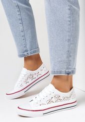 Białe Trampki Thalaia. Białe trampki damskie Born2be, w ażurowe wzory, z jeansu, przed kostkę, bez zapięcia. Za 69.99 zł.