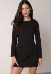 Czarna Elegancka Sukienka VICES o Trapezowym Kroju z Imitacją Kieszeni Amaliete. Czarne sukienki damskie Born2be, bez wzorów, biznesowe, bez ramiączek. Za 189.99 zł.