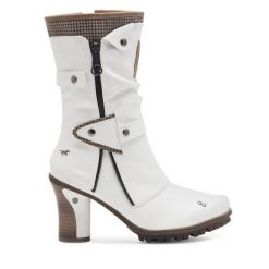 Botki Mustang. Białe botki damskie Mustang, bez obcasa, na słupku, bez zapięcia. Za 419.99 zł.