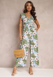 Jasnoniebieski Długi Kombinezon Bawełniany w Kwiaty Vegita. Niebieskie sukienki damskie Renee, bez wzorów, z bawełny, eleganckie, bez ramiączek. W wyprzedaży za 43.99 zł.