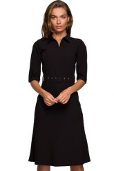 Elegancka sukienka koszulowa z kołnierzykiem i paskiem w talii czarna. Czarne sukienki damskie Stylove, bez wzorów, biznesowe, bez ramiączek. Za 329.00 zł.