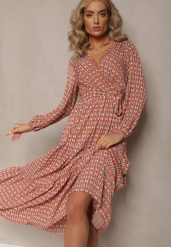 Pomarańczowa Sukienka z Kopertowym Dekoltem i Falbaną na Dole Ive. Brązowe sukienki damskie Renee, bez wzorów, eleganckie, bez ramiączek. W wyprzedaży za 91.99 zł.