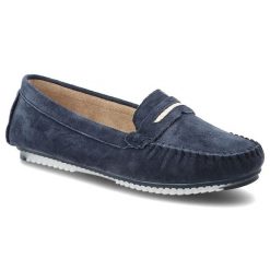 Mokasyny damskie S.Barski, cholewka ze skóry naturalnej zamszowej wsuwany fason z ozdobnym paskiem, granatowe, LR61-7029. Niebieskie mokasyny damskie S.BARSKI, ze skóry, bez obcasa. Za 169.00 zł.