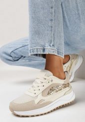 Beżowe Sneakersy z Siateczkowym Noskiem i Cekinami Nalieva. Brązowe obuwie sportowe damskie Born2be, bez zapięcia. Za 99.99 zł.