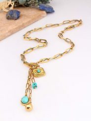 Charlize Pozłacany naszyjnik z turkusami - dł. 65 cm rozmiar: onesize. Żółte naszyjniki damskie Charlize, z turkusem, pozłacane. Za 100.28 zł.