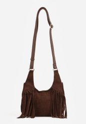 Brązowa Torebka w Stylu Boho z Imitacji Zamszu Ozdobiona Frędzlami na Długim Pasku na Ramię Megorre. Brązowe torebki klasyczne damskie Renee, z jeansu, na ramię, bez dodatków. Za 119.99 zł.