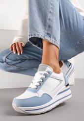 Niebiesko-Białe Sneakersy na Niskiej Platformie ze Wstawkami Brokatowymi Gwenoa. Białe obuwie sportowe damskie Renee, bez zapięcia. Za 89.99 zł.