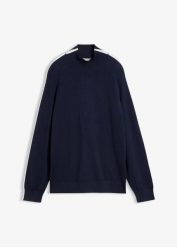 Cienki sweter z kontrastowymi detalami, z mieszanki wiskozy. Niebieskie swetry klasyczne damskie bonprix, z wiskozy, bez kołnierzyka. Za 109.99 zł.