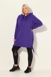 Damskie Długa bluza z kapturem tasiemka satynowa kaptur długi rękaw. Fioletowe bluzy damskie Ulla Popken, plus size, bez wzorów, z bawełny, z kapturem. Za 279.99 zł.