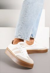 Biało-Beżowe Sneakersy na Kauczukowej Podeszwie Ozdobione Paskami Nilimea. Białe obuwie sportowe damskie Renee, z jeansu, bez zapięcia. Za 79.99 zł.