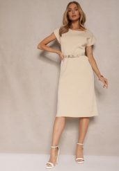 Beżowa Pudełkowa Sukienka z Wiskozą z Dodatkowym Paskiem z Klamrą Pollame. Brązowe sukienki damskie Renee, bez wzorów, z jeansu, eleganckie, bez ramiączek. W wyprzedaży za 91.99 zł.