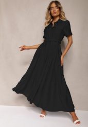 Czarna Rozkloszowana Sukienka z Paskiem w Talii Vimalise. Czarne sukienki damskie Renee, bez wzorów, eleganckie, bez ramiączek. W wyprzedaży za 135.99 zł.