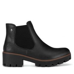 Botki Rieker. Czarne botki damskie Rieker, bez obcasa, na słupku, bez zapięcia. Za 303.00 zł.