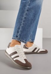 Beżowo-Brązowe Casualowe Sneakersy na Płaskiej Podeszwie z Paskami Jereria. Brązowe obuwie sportowe damskie Renee, z jeansu, bez zapięcia. Za 99.99 zł.