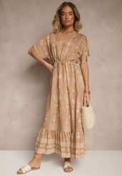Ciemnobeżowa Rozkloszowana Sukienka z Falbanką w Print Boho z Wiskozą Tunova. Brązowe sukienki damskie Renee, bez wzorów, z wiskozy, boho, bez ramiączek. W wyprzedaży za 50.99 zł.