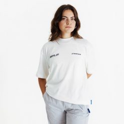 Koszulka Decathlon z grafiką AFLF biała. Białe koszulki damskie Decathlon, xs, bez wzorów, z bawełny, bez kołnierzyka, bez ramiączek. W wyprzedaży za 49.99 zł.