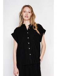 Le Jardin du Lin Lniana bluzka w kolorze czarnym rozmiar: 42. Czarne bluzki damskie Le jardin du lin, bez wzorów, ze lnu, bez kołnierzyka, bez ramiączek. Za 130.99 zł.