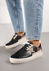 Czarne Sneakersy na Grubej Podeszwie Zdobione Brokatem Felthara. Czarne obuwie sportowe damskie Born2be, z jeansu, bez zapięcia. Za 89.99 zł.