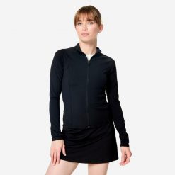 Bluza damska Domyos Gym & Pilates rozpinana. Czarne bluzy damskie Decathlon, l, bez wzorów, z materiału, bez kaptura. Za 99.99 zł.
