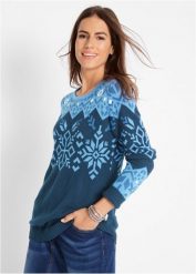 Sweter w norweski wzór. Białe swetry klasyczne damskie bonprix, bez kołnierzyka. Za 109.99 zł.
