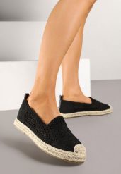 Czarne Espadryle Vices na Plecionej Podeszwie Zdobione Szydełkowym Tłoczeniem Finselina. Czarne espadryle damskie Renee, z aplikacjami, bez obcasa. Za 89.99 zł.