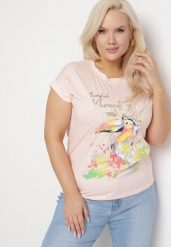 Różowy T-shirt z Bawełny z Nadrukiem i Metalicznym Napisem Norsemi. Czerwone t-shirty damskie Born2be, xl, bez wzorów, z bawełny, bez kołnierzyka. Za 34.99 zł.