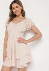 Beżowa Sukienka z Bawełną Bufiastymi Rękawami i Falbankami Maveleira. Brązowe sukienki damskie Born2be, bez wzorów, z bawełny, eleganckie, bez ramiączek. W wyprzedaży za 50.99 zł.