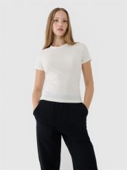4F T-shirt slim z prążkowanej dzianiny damski - biały L. Białe t-shirty damskie 4F, l, bez wzorów, z bawełny, bez kołnierzyka. W wyprzedaży za 39.99 zł.