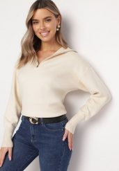 Beżowy Sweter z Golfem Zapinanym na Zamek Tihanas. Brązowe golfy damskie Born2be, m, bez wzorów, bez ramiączek. Za 84.99 zł.