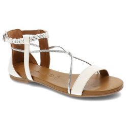 Białe Sandały Damskie Tamaris Modne Letnie Buty. Białe sandały damskie Tamaris, z aplikacjami, ze skóry, bez obcasa, na płaskiej podeszwie, bez zapięcia. Za 259.00 zł.