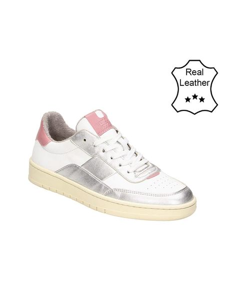 Bullboxer Skórzane sneakersy w kolorze srebrno-białym rozmiar: 40. Białe obuwie sportowe damskie Bullboxer, ze skóry, bez zapięcia. Za 236.05 zł.