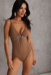 Brązowy Strój Kąpielowy z Paskiem w Geometryczny Print i Wycięciem Helania. Brązowe komplety bielizny Renee, bez wzorów. Za 99.99 zł.